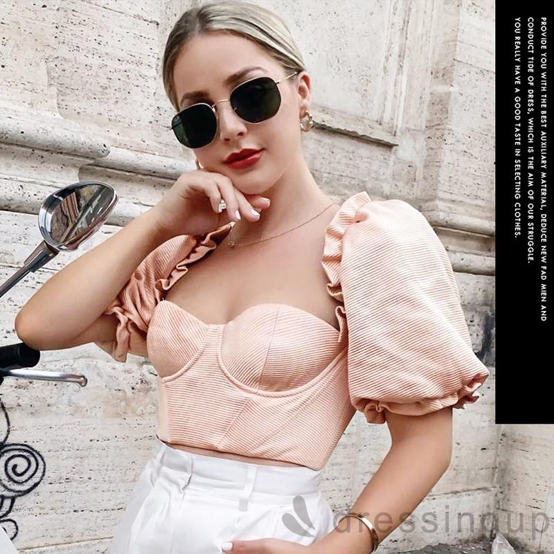Áo croptop ngắn tay màu trơn quyến rũ cho nữ
