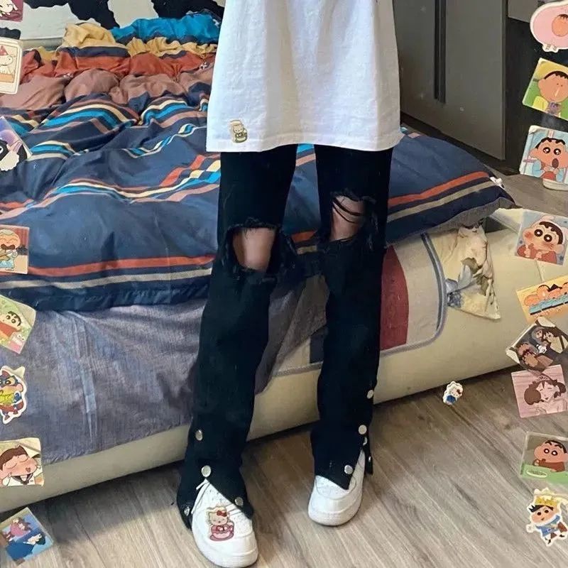 Jiashucheng Quần Jean Rách Dáng Rộng Xẻ Tà Màu Đen Phong Cách Đường Phố Mùa Hè Cho Nữ