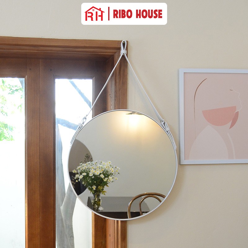 Gương trang điểm RIBO HOUSE chất liệu dây da, gương tròn trang trí phòng ngủ nhà tắm decor quán cafe nails RIBO41