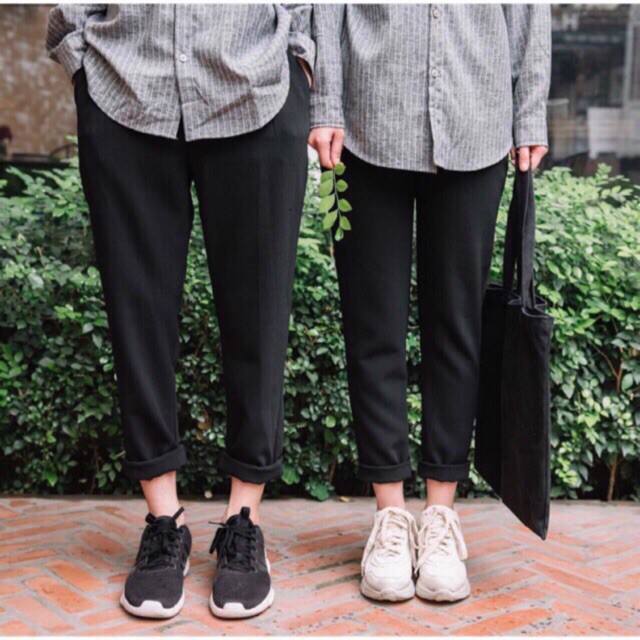 Quần Baggy Nam Nữ KAKI Ống Suông Unisex - Kiểu quần kaki nam nữ thun vải đen và be