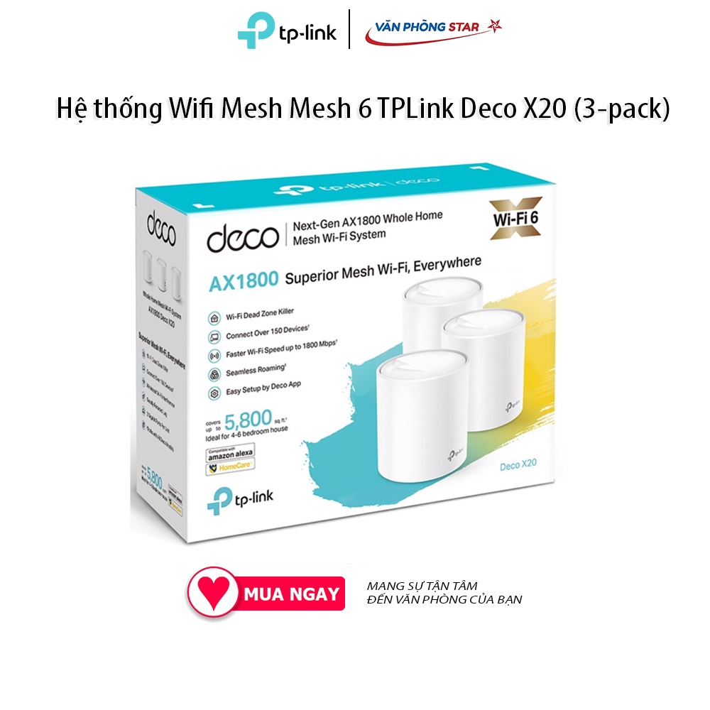 Wifi Mesh Mesh 6 TPLink Deco X20 (3-pack) Chuẩn kết nối: 802.11 a/b/g/n/ac/ax Tốc độ 2.4GHz: 574Mbps; 5.0GHz: 1201Mbps