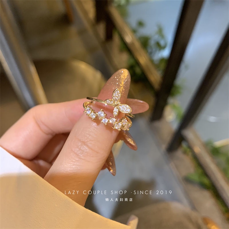 Nhẫn Hở Hai Lớp Đính Đá Hình Bướm Phong Cách Hàn Quốc Sang Trọng Thời Trang Mùa Hè