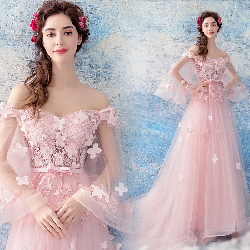 ✘◙Hoa chùm bướm tay áo hoa cổ tích màu hồng cô dâu váy cưới bánh mì nướng tiệc cưới bữa tối hàng năm váy đầm dự tiệc bán