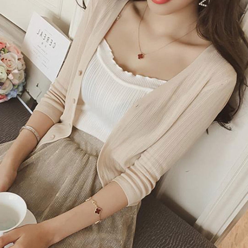 Áo Khoác Cardigan Dệt Kim Mỏng Tay Dài Cổ V Chống Nắng Cho Nữ