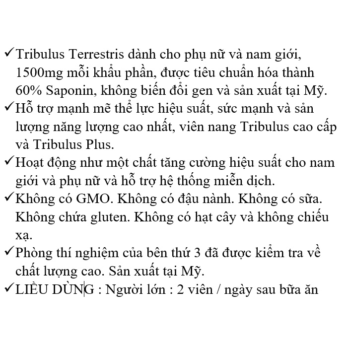 [DATE 3/2023] Naturebell Tribulus Terrestris Extract 1500mg Capsules 200 VIÊN