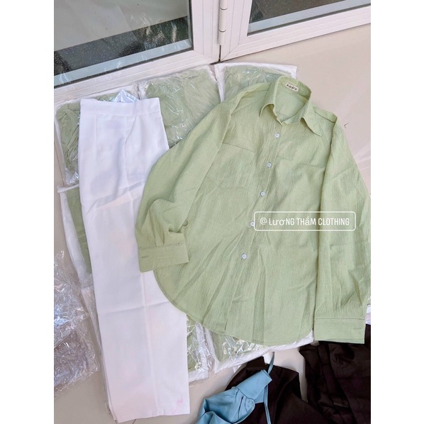 Set áo sơ mi bơ kèm quần tây trắng siu sang phong cách LNĐ