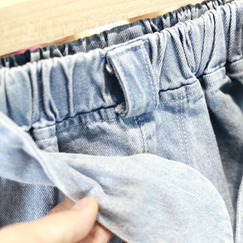 Quần short denim giả váy thời trang bé gái, quần short xinh xắn giả nơ cho bé gái