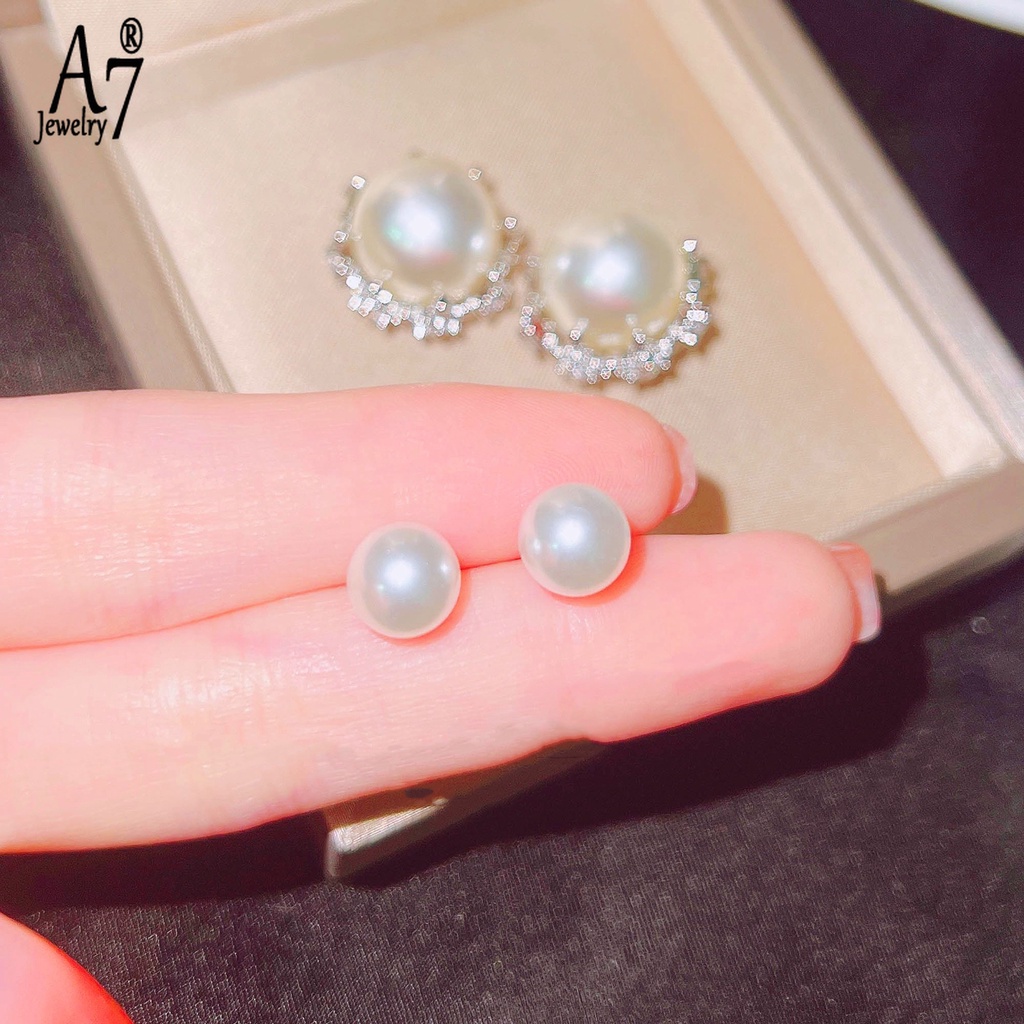 A7| Bông Tai Mạ Bạc 925 Đính Ngọc Trai Hai Mặt Sang Trọng Cho Nữ X4Y35