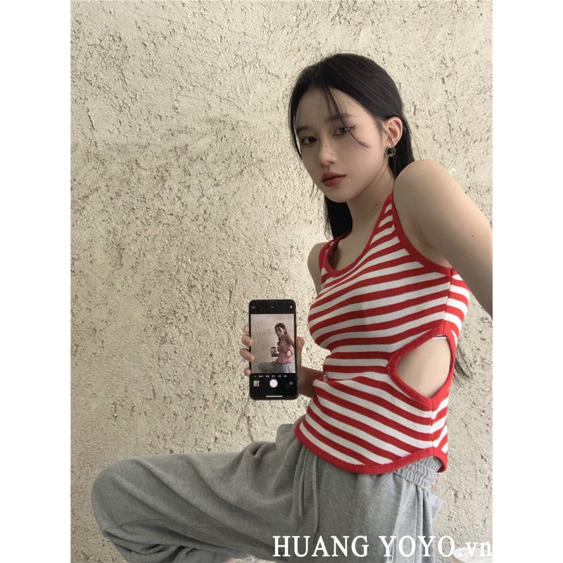 HUANG YOYO Áo Hai Dây Dáng Ngắn In Họa Tiết Kẻ Sọc Phong Cách Pháp Thời Trang Mùa Hè Cho Nữ 2022A