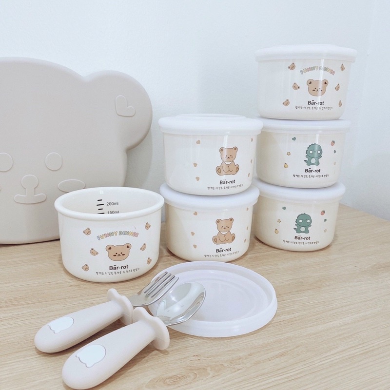 Bát / Hũ Sứ Ăn Dặm Ceramic Bar Rot Có Nắp Silicon Hoạ Tiết Siêu Xinh Cho Bé