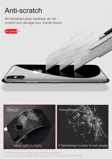 Miếng dán Full kính cường lực mặt sau 4D cho iphone X chính hãng Baseus
