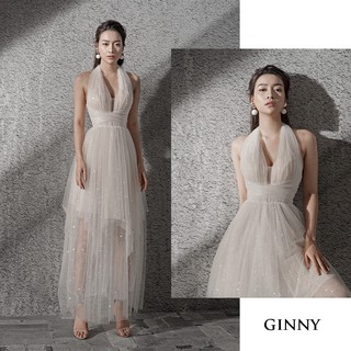 Đầm maxi trắng dự tiệc sang trọng, thiết kế cổ yếm, dáng xòe - có sẵn mút ngực