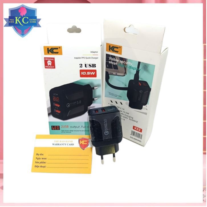 [Hàng Chính Hãng] CỦ SẠC NHANH KC K52 Công nghệ QC 3.1 sạc nhanh cao cấp- 2 cổng usb -bảo hành 12 tháng