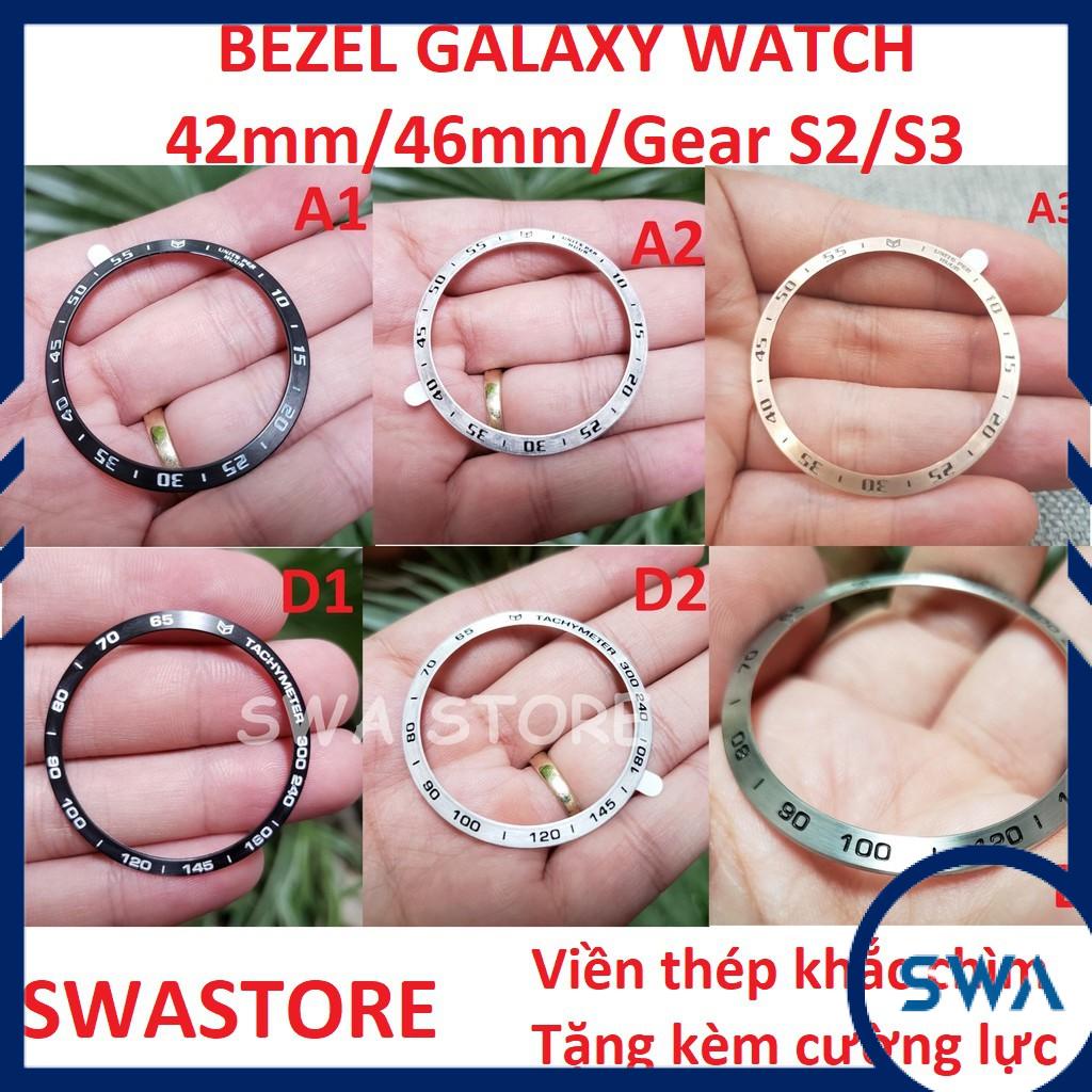 Bezel Samsung Galaxy Watch, Gear S3, Gear S2 (Classic, Sport), Gear sport, viền thép khắc chìm, tặng cường lực, SWASTORE