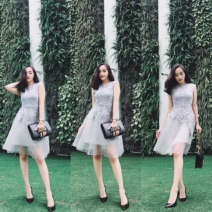 Váy đầm nữ dự tiệc phối ren dáng xòe dài vạt lệch 2 lớp size M