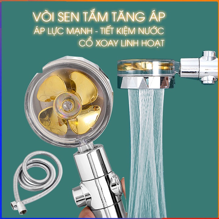 Bộ Vòi Hoa Sen Tăng Áp Cao Cấp Có Cánh Quạt Xoay 360 Độ Kèm Dây 1,5 Mét