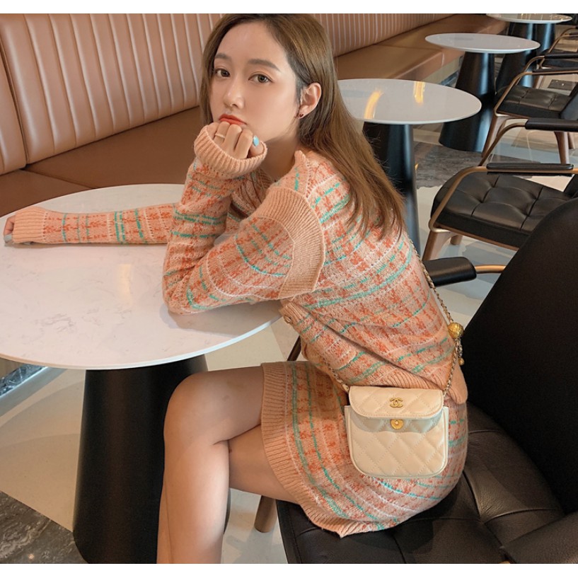 Bộ áo khoác cardigan dài tay + chân váy dệt kim xinh xắn thời trang thanh lịch cho nữ