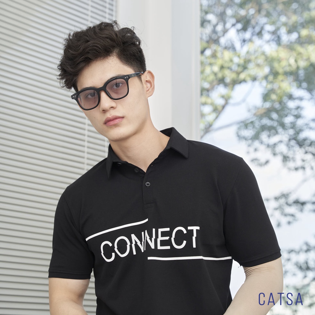 Áo thun polo nam đen in CONNECT vải thun Cotton thoáng mát, kháng khuẩn CATSA ATP257