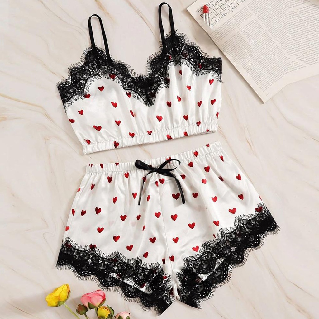 Set đồ ngủ gồm áo 2 dây và quần short vải satin in họa tiết gợi cảm cho nữ