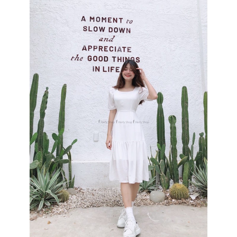 ĐẦM MIDI CỔ U XẾP TẦNG