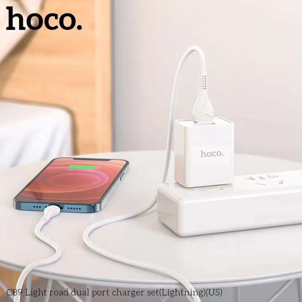 Bộ sạc Hoco C89 Lightning USB 2 cổng, sạc nhanh 2.1A tương thích với dòng iPhone/iPad chân cắm US kèm dây dài 100cm