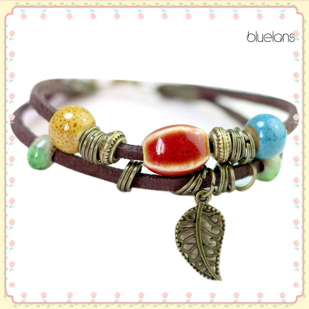 Vòng Tay Da Hai Lớp Đính Hạt Gốm Và Lá Phong Cách Bohemian