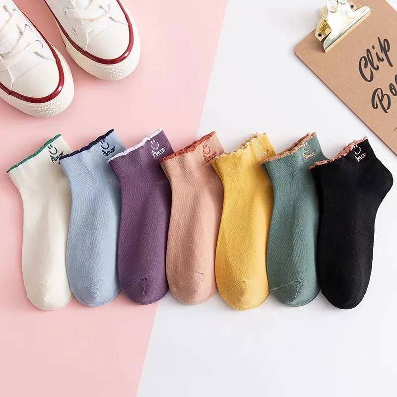 Vớ cotton cổ thấp thoáng khí in hình mặt cười xinh xắn dễ thương thời trang cho nữ