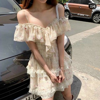 Đầm Hoa Nude Ren Rớt Vai 🦋FREESHIP🦋 Váy Hoa Ren Chít Eo Vai Nhún Bèo Xinh Xắn LANI SHOP