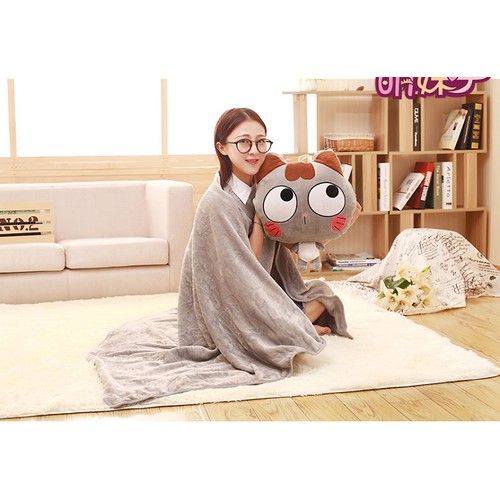 Bộ chăn gối ngủ mèo xám