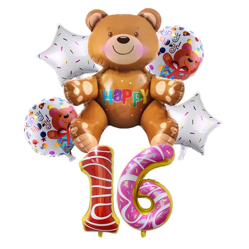 Set 7 bong bóng tráng nhôm hình gấu 3D kích thước 32 inch trang trí tiệc sinh nhật