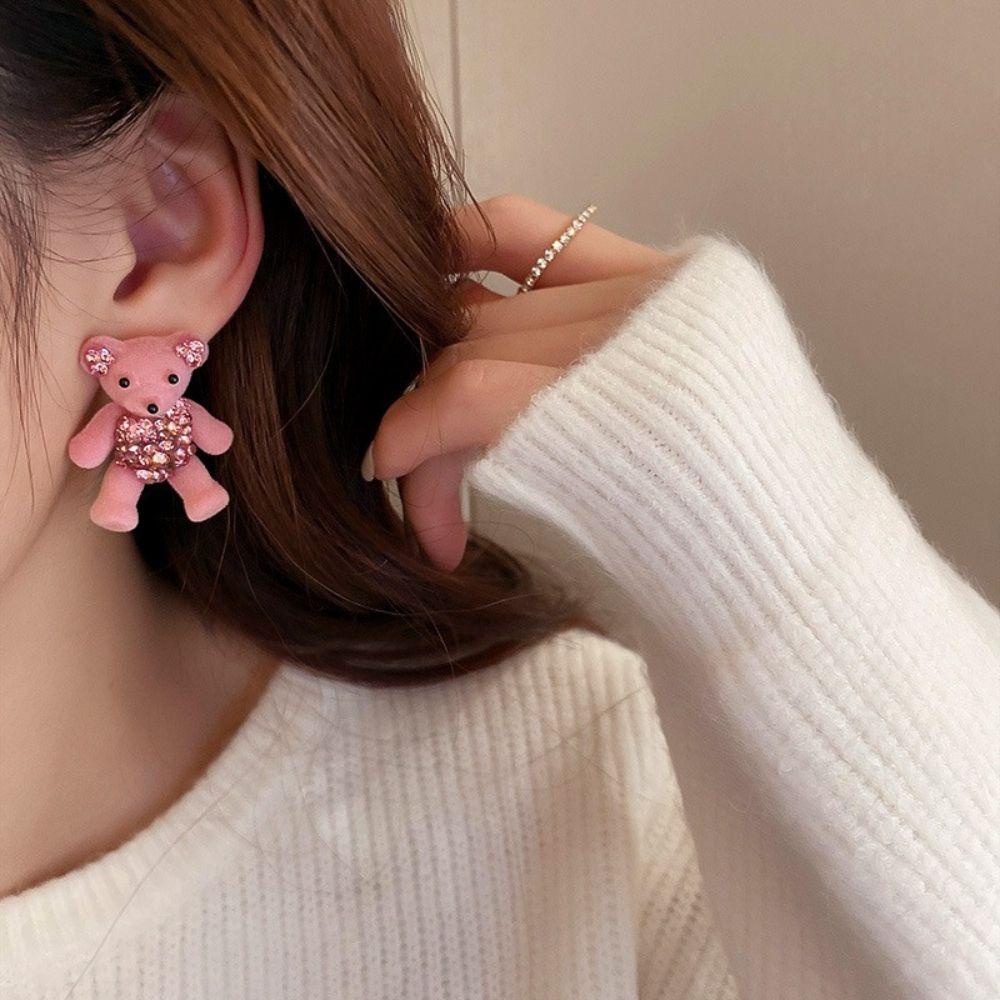 JARRED Bộ Vòng cổ + Bông Tai Hình Gấu Đính Đá Ngọt Ngào Thời Trang Khuyên Tai Trái Tim Màu Hồng Xinh Xắn