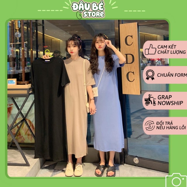 Váy Thun Suông Dáng Dài Màu Trơn Cổ Tròn Ulzzang - Đầm Xuông Nữ Form Rộng Tay Lỡ Thoáng Mát Năng Động - Daube - V002