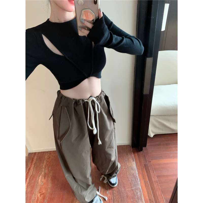 HUANG YOYO  Áo Lửng Nữ Dài Tay Cổ Tròn Thời Trang Hàn