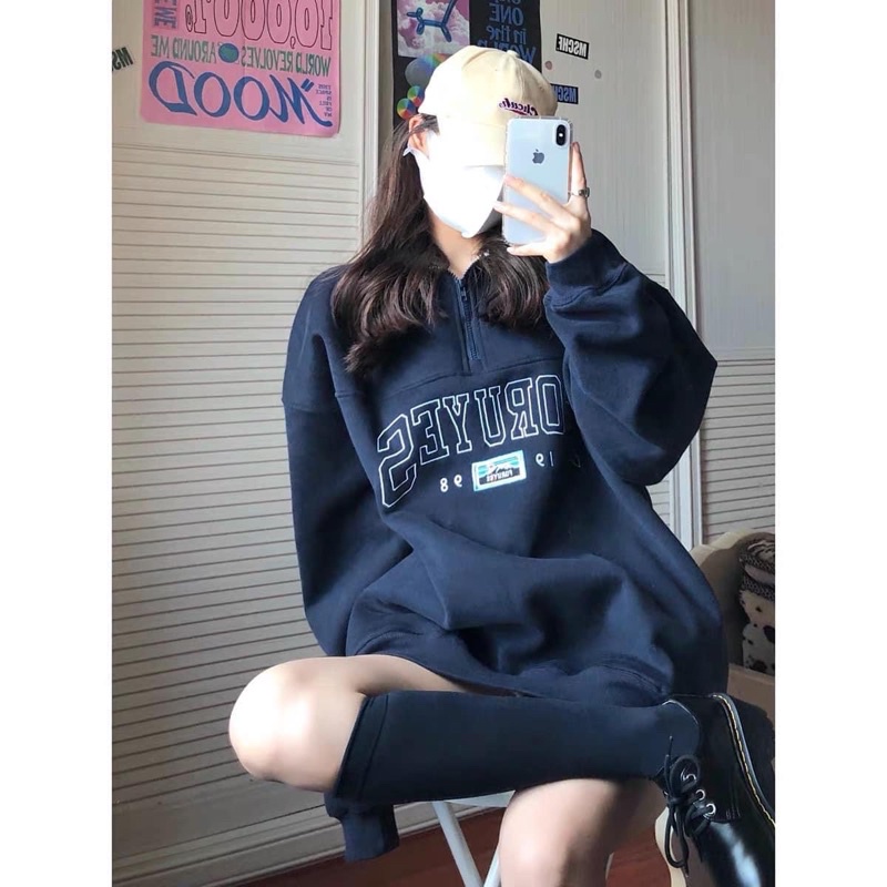 [Ảnh thật/Video] Áo Hoodie thêu chữ tay bồng xanh dương áo thun dài tay phong cách Hàn Quốc
