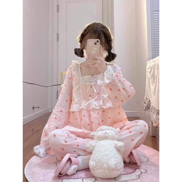 New SET BỘ NGỦ TIỂU THƯ QUẢNG CHÂU DÀI TAY XÔ MUSLIN HỒNG DÂU rẻ nhất shopee