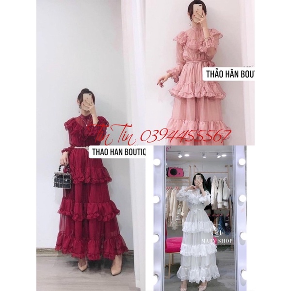 Đầm váy maxi đi tiệc voan tầng tay dài phối bèo công chúa tiểu thư-MaxiTinTin