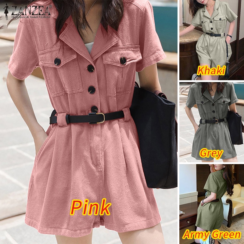 Áo liền quần ZANZEA thiết kế ngắn tay cổ bẻ cài nút trước thời trang cho nữ