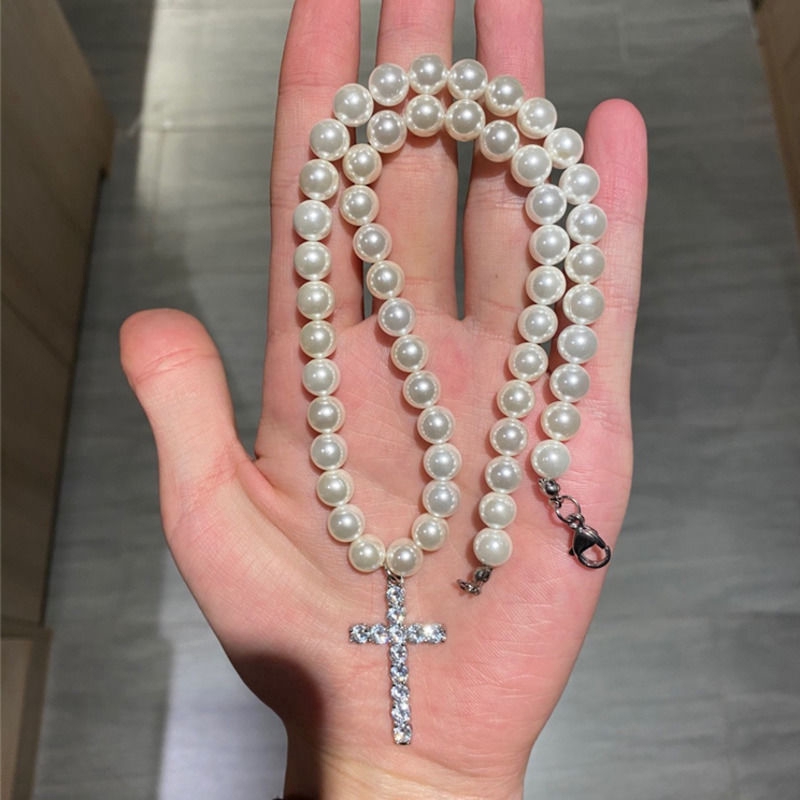 Dây Chuyền Mặt Chữ Thập Đính Ngọc Trai Phong Cách Hip Hop