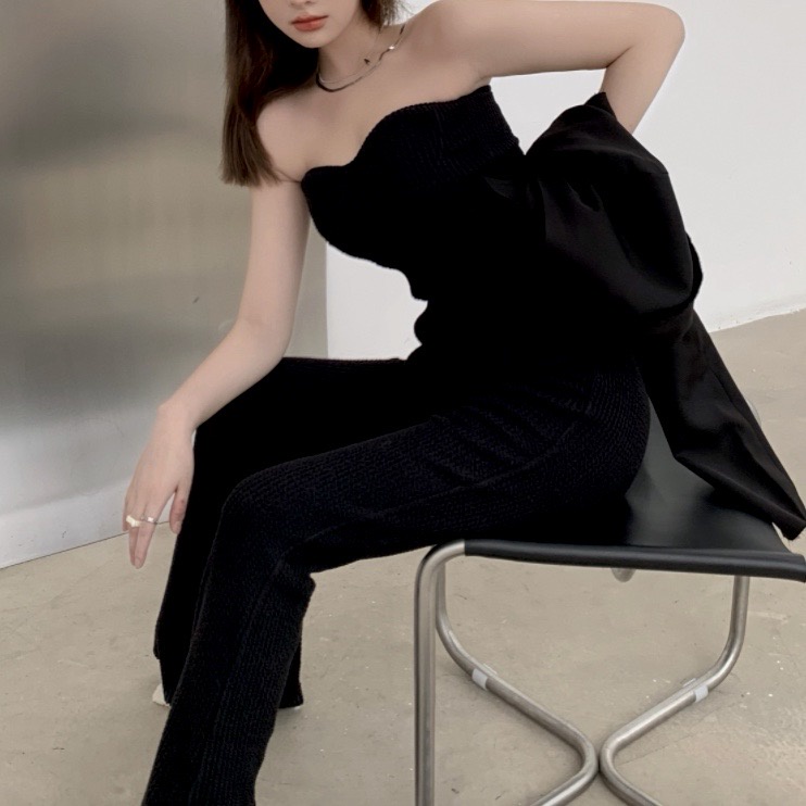 B16 Set Jumpsuit Cúp Ngực Có Đệm Ngực Kèm Áo Khoác Độn Vai