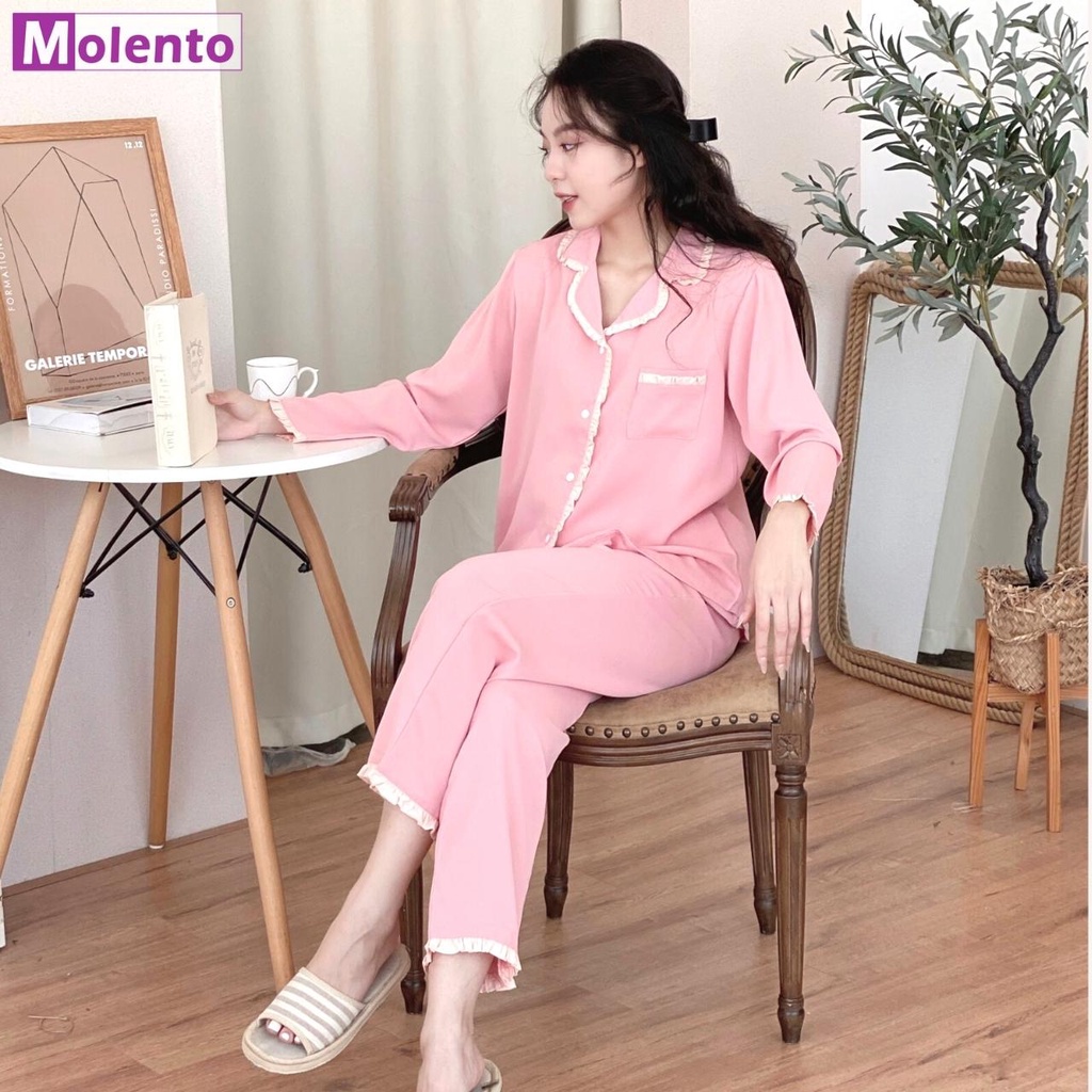 Bộ Pijama Lụa Dài Tay Ngủ Mặc Nhà Cao Cấp Nữ Lụa Mango Trơn Viền Bèo Thanh Lịch Màu Sắc Trẻ Trung Có Size MOLENTO M48