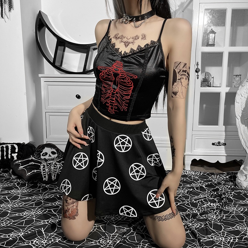 Áo Tank Top Thêu Ren Có Dây Đeo Phong Cách Tối D0331