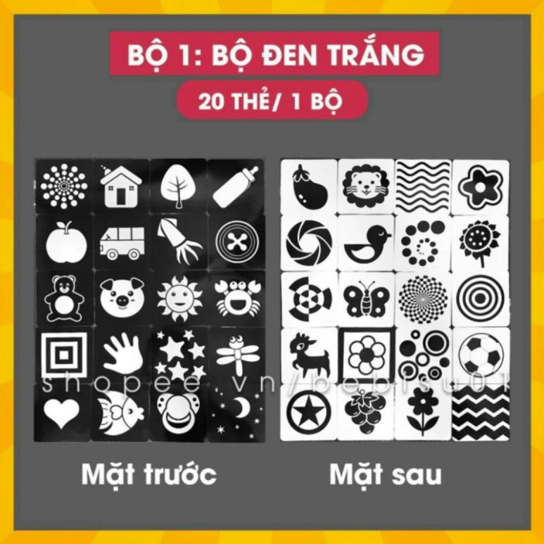 Bộ 20 Thẻ Kích Thích Thị Giác Cho Bé Từ 0 tới 36 tháng  KT 21x21cm  In 2 Mặt Cán Chống Thấm Nước HAPPY KIDS247