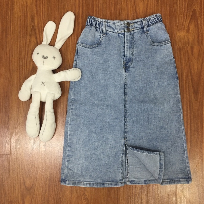 Chân váy jean chữ A dáng dài lưng thun co giãn