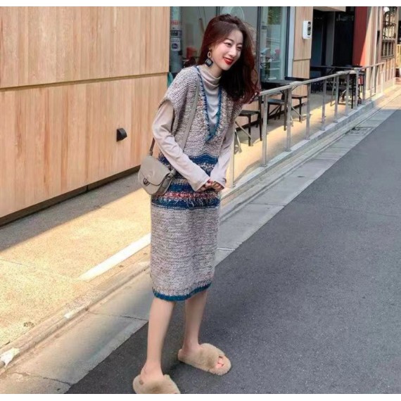 Áo gile len nữ dáng rộng dài thân phong cách Hàn Quốc