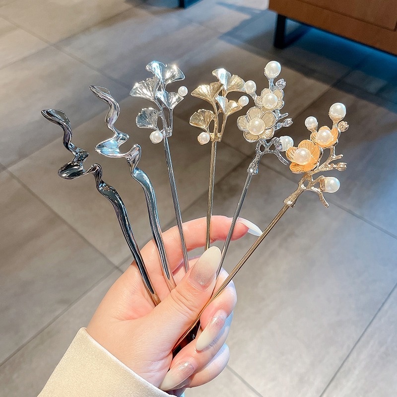 Trâm Cài Tóc Kim Loại Hình Hoa Đính Ngọc Trai Nhân Tạo Thời Trang