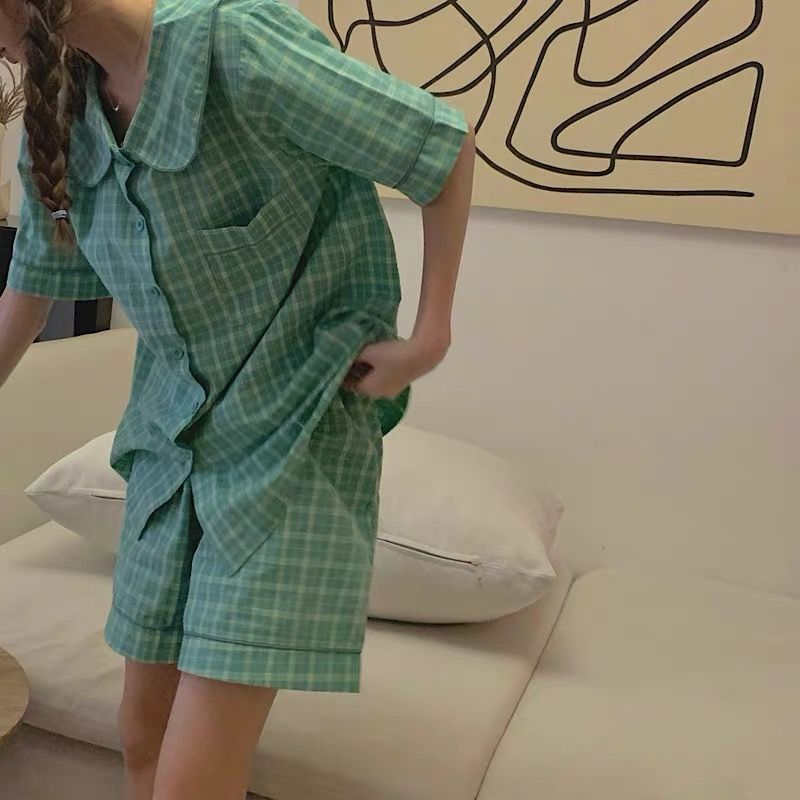 Bộ Đồ Ngủ Cotton Ngắn Tay Họa Tiết Ca Rô Phong Cách Hàn Quốc Thời Trang Cho Nữ