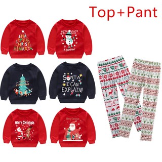 Set áo thun tay dài & quần dài in hình ông già Noel cho bé gái