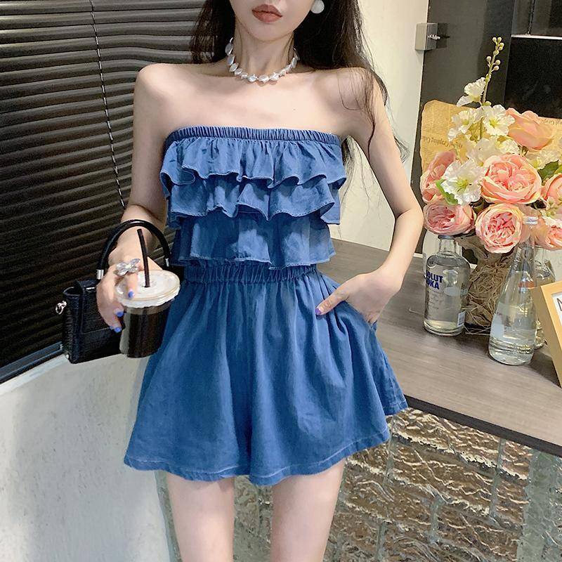 Áo Liền Quần Ống Rộng Vải Bò Một Bên Vai Quần Soóc Nữ Áo Liền Quần Ống Rộng Mỏng Khoe Eo Cao
