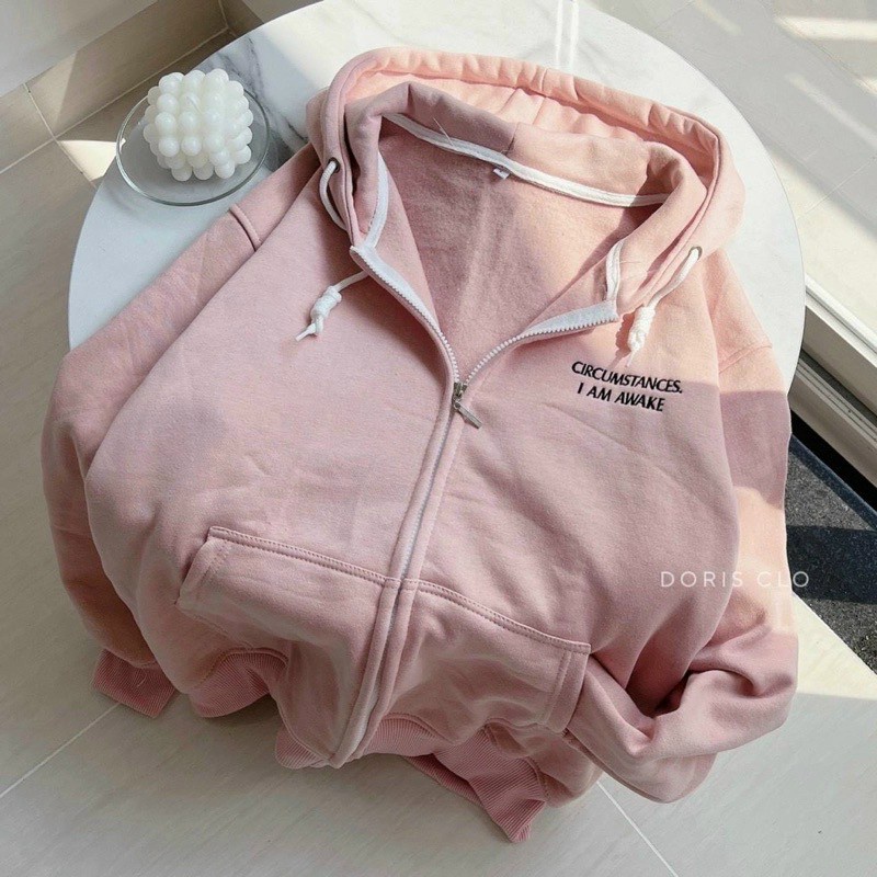 Áo hoodie unisex có nón form rộng có dây kéo ulzzang, mẫu áo khoác thu đông thời trang màu hồng