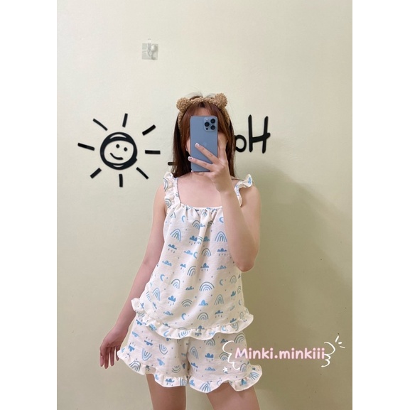 BỘ PYJAMA 🍓 ẢNH THẬT 🍓Pyjama hai dây Cầu vồng xanh mặc nhà chất siêu mát, cute, dễ thương, bộ đồ ngủ nữ hè